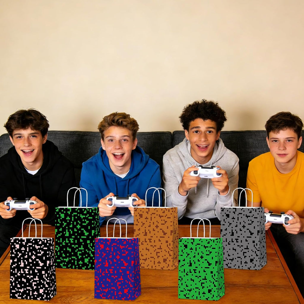 Skiennix Pixel Party Favors Bags - 12 PCS Video Game Themed Treat Bags with Handles for Boys & Girls