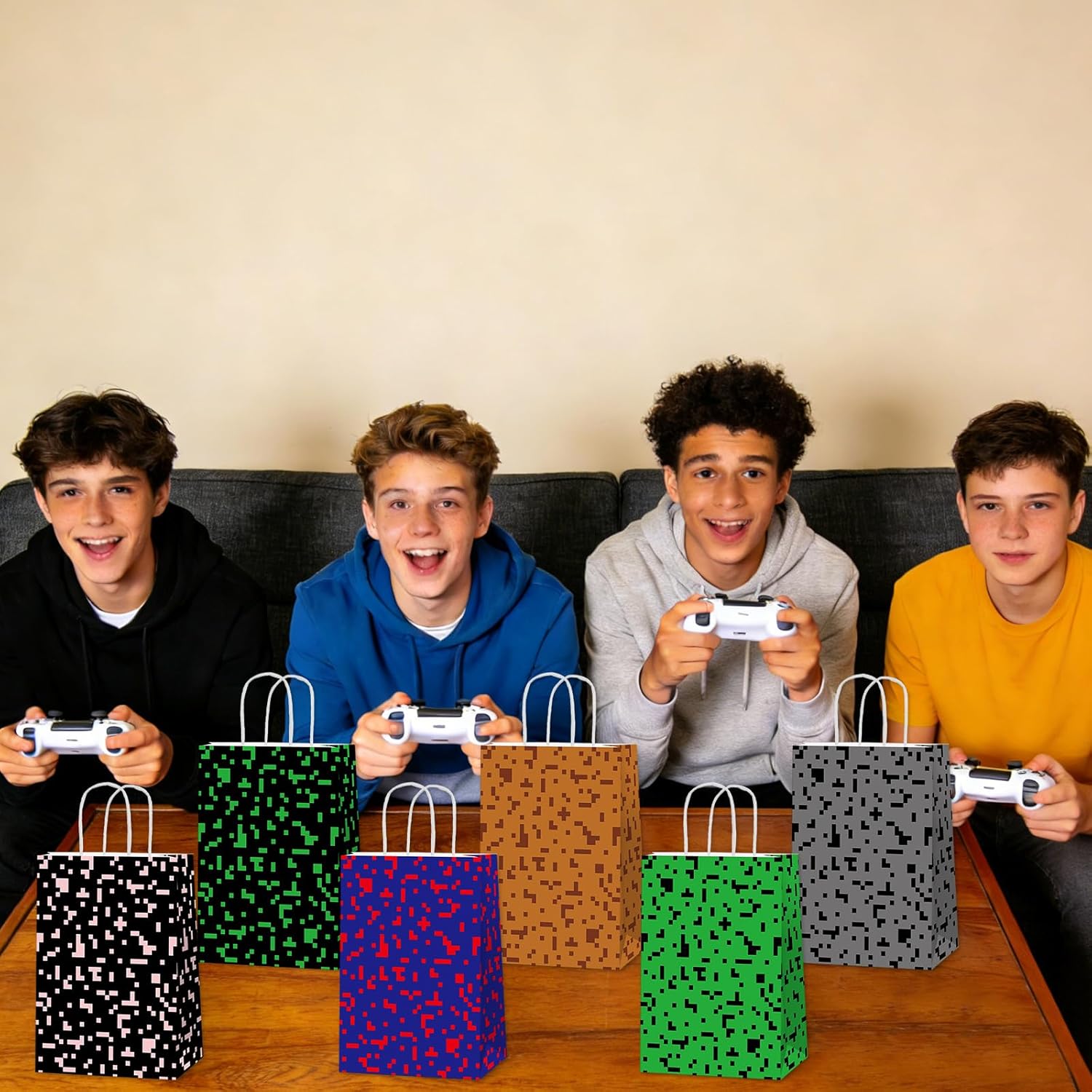 Skiennix Pixel Party Favors Bags - 12 PCS Video Game Themed Treat Bags with Handles for Boys & Girls