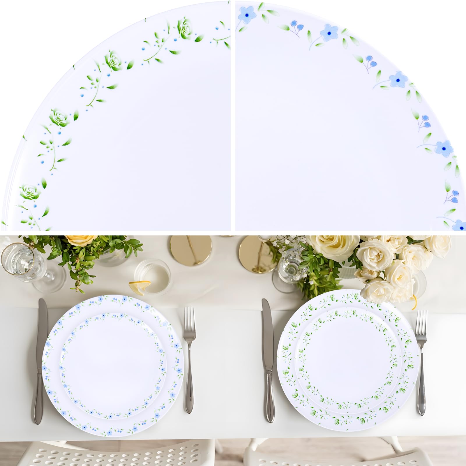 YOUBET 60PCS Floral Plastic Plates - Disposable Decorative Plates Set for 30 Guests - Blue and Green Floral Plate - Spring Plastic Dishes Dinnerware Sets for Tea Party & Wedding & Bridal Shower