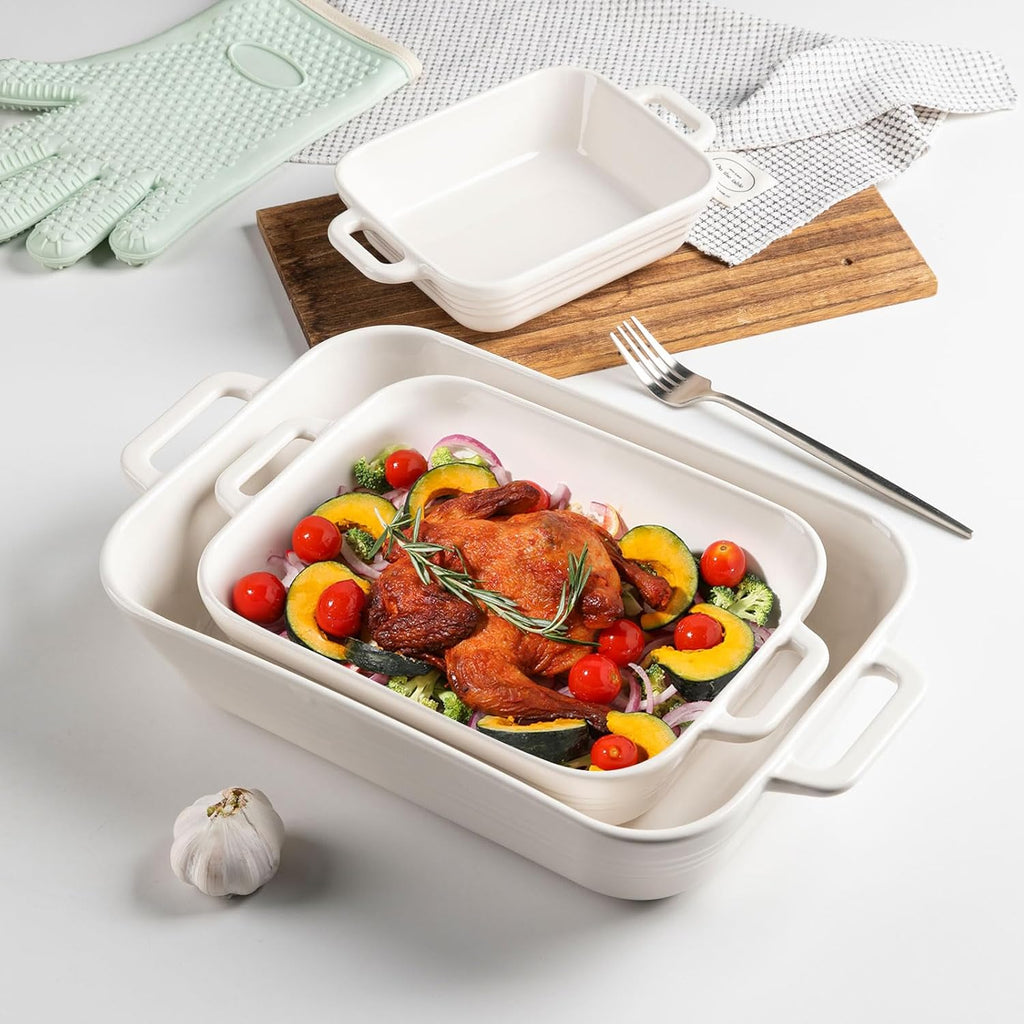 Sweejar Casserole Dishes - Ceramic 9x13 Baking Pans Set for Cooking & Daily Use | White Porcelain Lasagna Pan with Handles