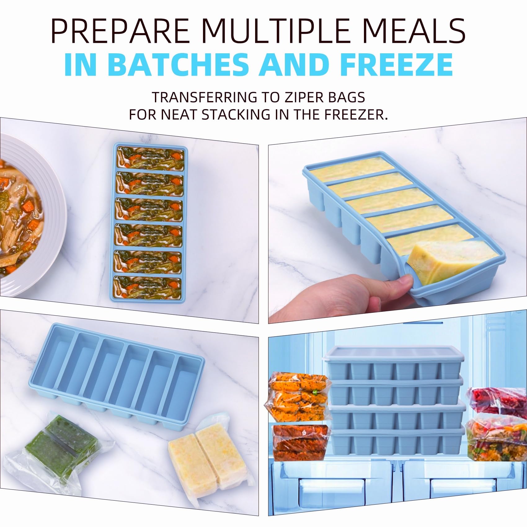 1/2 Cup Silicone Freezer Tray With Lid - Silicone Freezer Molds 2-Pack For meal prep & freezing of various sauces and other dishes, makes 12 perfect 1/2 cup portions cubes (Blue 2 Pack)