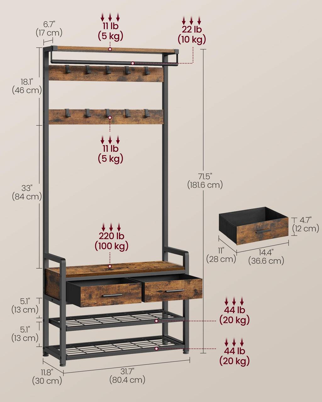 VASAGLE Hall Tree with Bench and Shoe Storage, Entryway Coat Rack with Shoe Bench, 2 Fabric Drawers, 10 Hooks, 11.8 x 31.7 x 71.5 Inches, Vintage Brown and Ink Black UHSR429B01