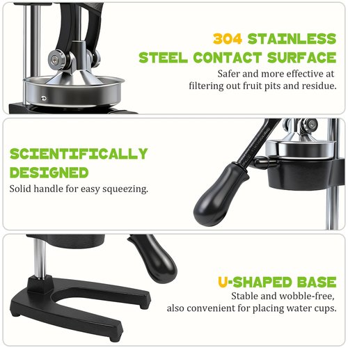 Cast Iron Manual Juicer – Heavy-Duty Hand Press Orange & Lemon Squeezer, Commercial Grade Hand Juicer Press, Easy-to-Clean Fruit Press (Black)