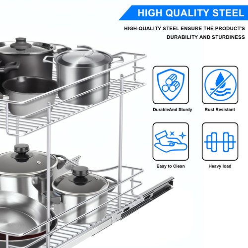 FULGENTE Chrome Finish 2 Tier (17" W X 18" D) Pull Out Drawer Cabinet Organizer Heavy Duty Slide Out Pantry Shelves Sliding Basket Storage For Home Kitchen Bathroom Under Sink Organization