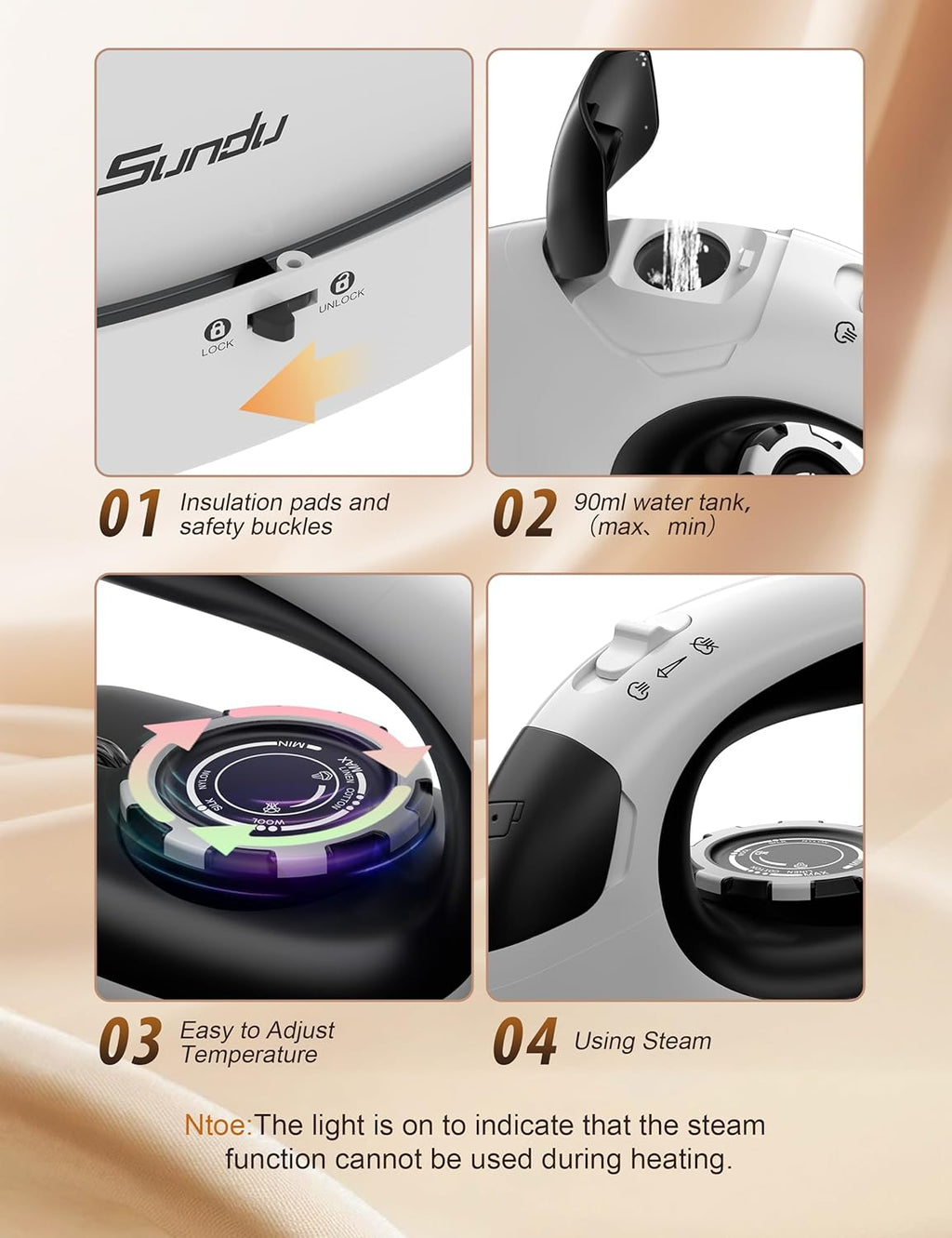 Sundu Mini Travel Iron - 1000W Portable Steam Iron with Non-Stick Soleplate | 90ml Water Tank, Digital Control