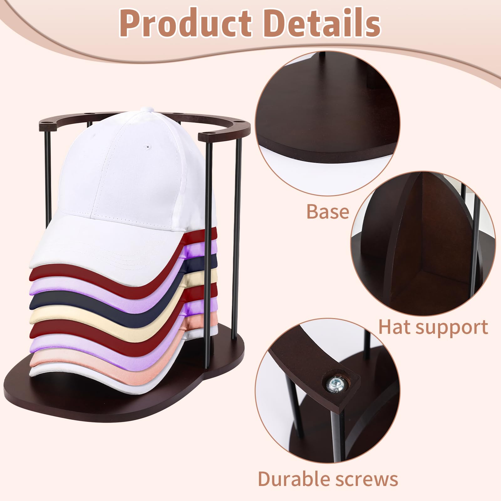SNOWSTAR Hat Storage for Baseball Caps, Wood & Metal Hat Organizer Holder Display Stand for At Least 15 Hats,Space-Saving Baseball Cap Storage for Desk, Closet,Bedroom,Entryway.