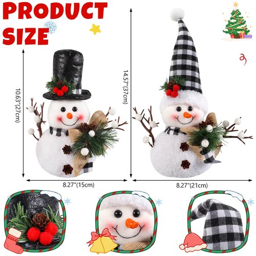 Black and White Plaid Snowman Decor (2-Piece Set) - Winter Christmas Plush Dolls for Tiered Tray, Mantel, or Tabletop Display, Indoor Home Decor