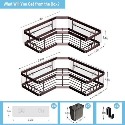 AKTECKE Shower Caddy - 2-Pack Corner Organizer with Adhesive Shelves & Hooks | No-Drill Stainless Steel Bathroom Storage