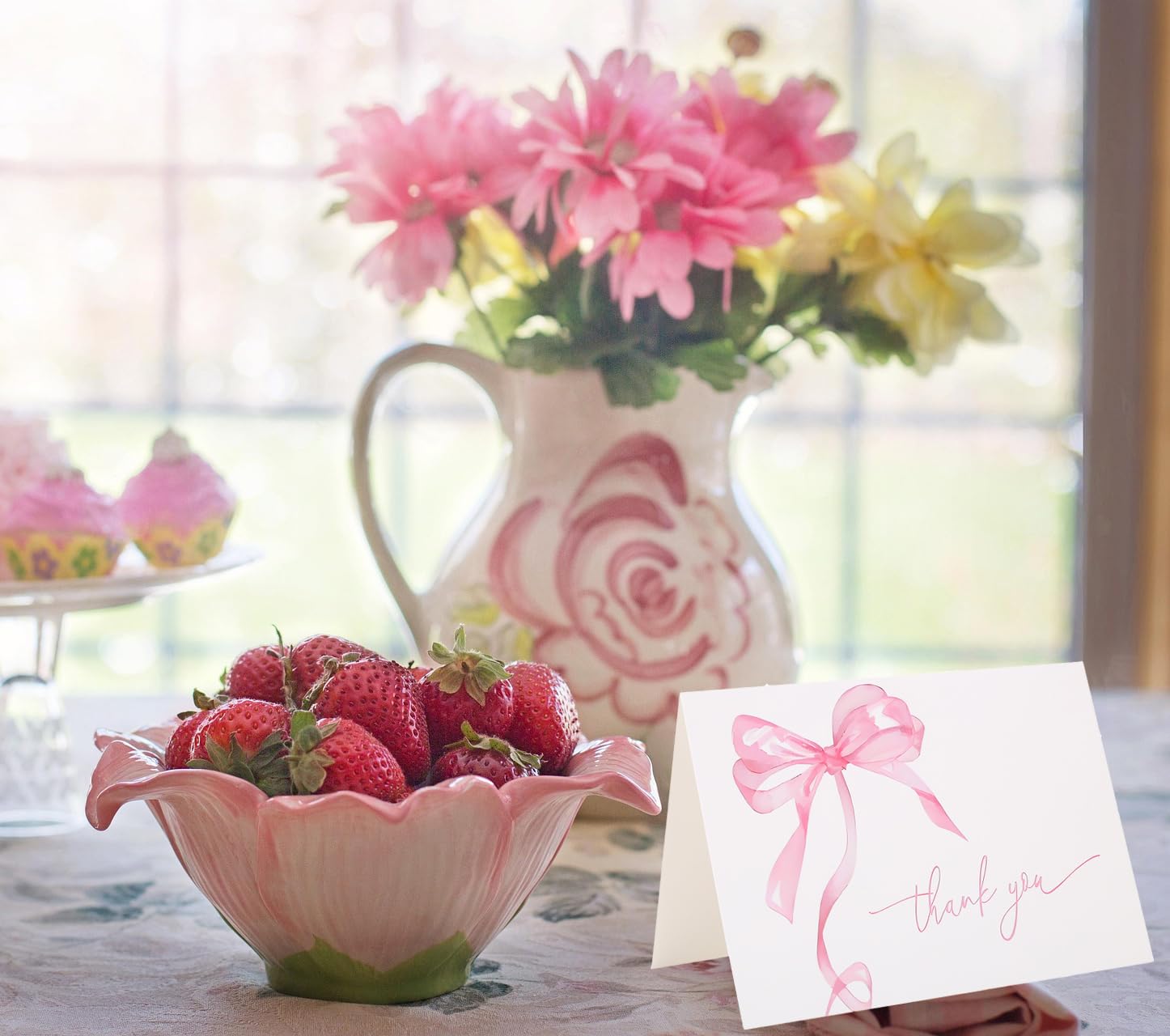 30Pack Pink Bow Thank You Cards with Envelopes Stickers Bow Blank Note Card Watercolor Greeting Card for Wedding Party Birthday Supplies (Pink)