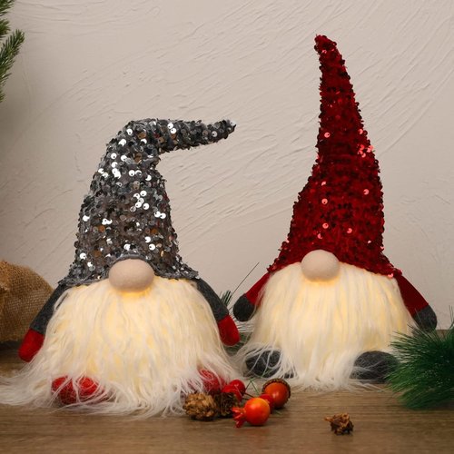 Juegoal 12" Lighted Christmas Gnome - Handmade Scandinavian Tomte with Sequins Hat | Battery Operated Holiday Decor (Set of 2)