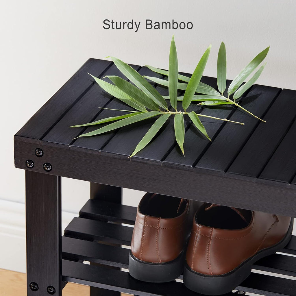 Pipishell Bamboo Shoe Rack - 3-Tier Sturdy Organizer Holds Up to 300lbs | Black Entryway Bench