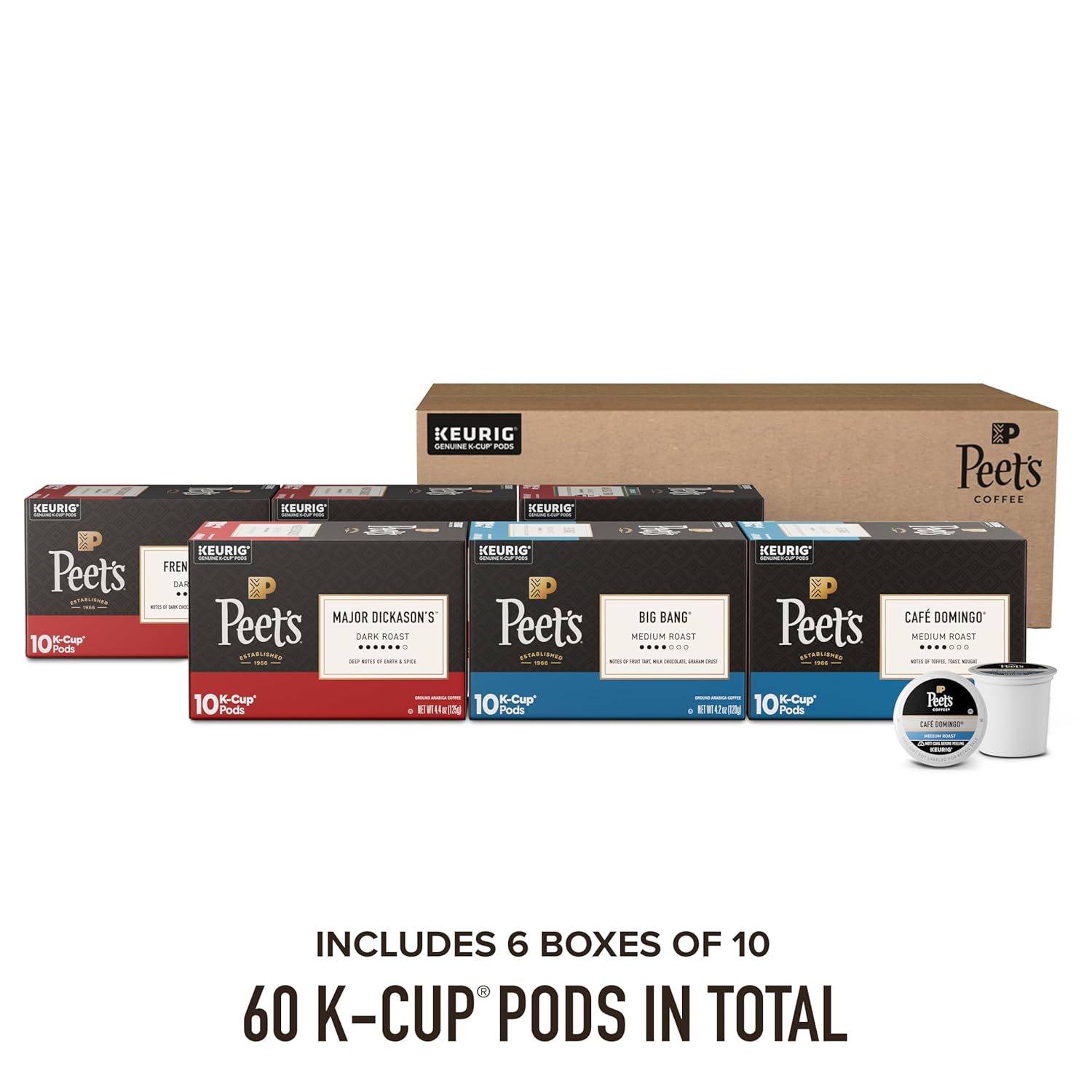 Peet's Coffee K-Cup Pods Variety Pack - 100% Arabica Coffee, 60 Count (6 Boxes of 10 Pods)