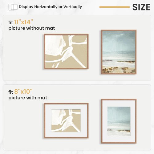 FLYJOE 11x14 Picture Frame - Display 8x10 Photos with Mat or 11x14 Without Mat - Natural Woodgrain Finish