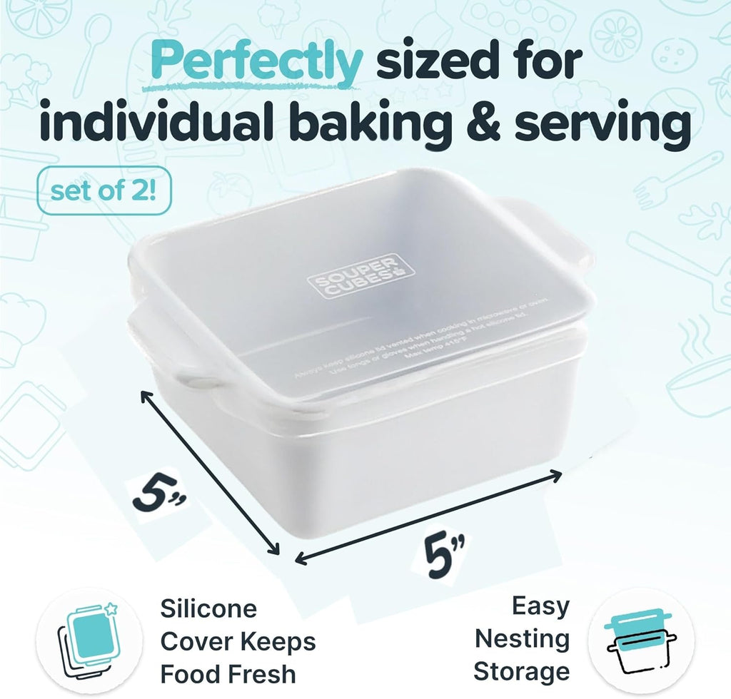 Souper Cubes Stoneware Baking Dishes - Premium Mini Ceramic Oven Dishes with Silicone Covers, Set of 2 | 5" x 5" - White