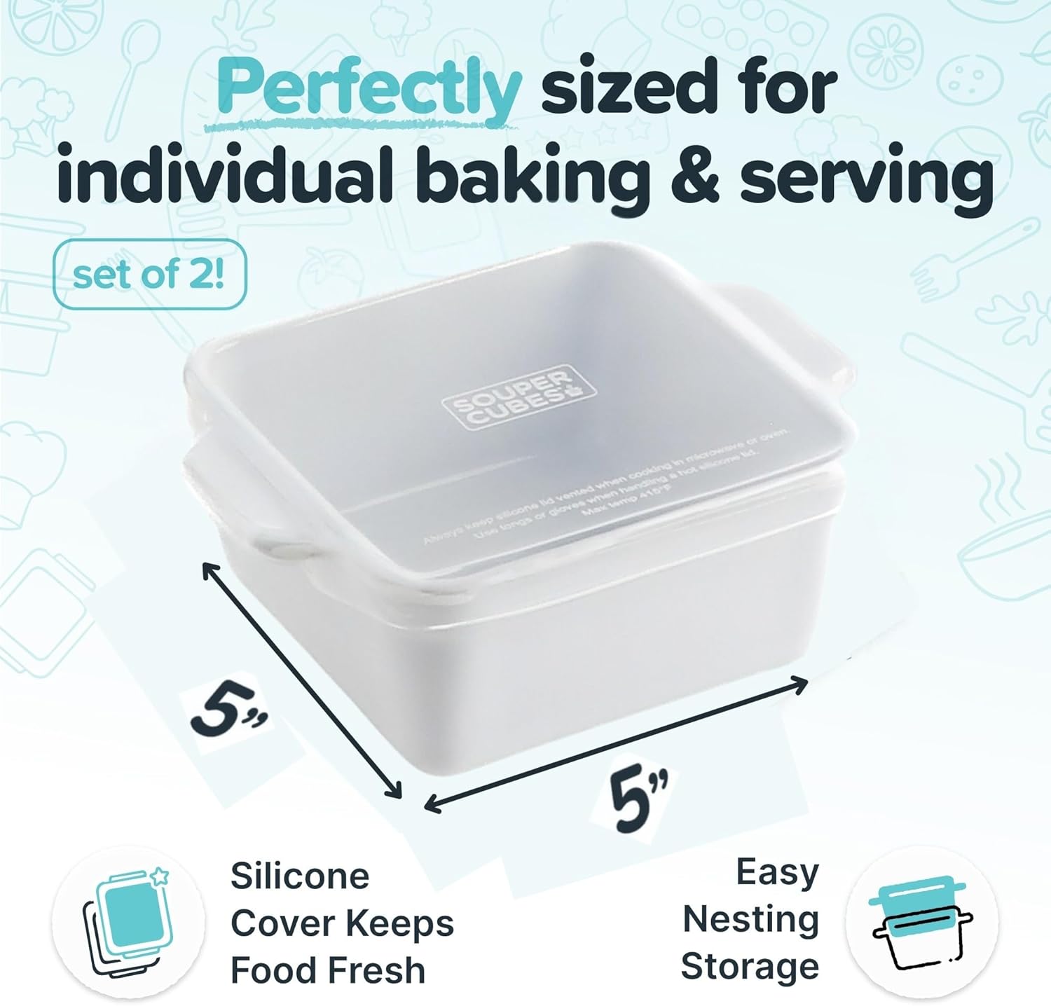 Souper Cubes Stoneware Baking Dishes - Premium Mini Ceramic Oven Dishes with Silicone Covers, Set of 2 | 5" x 5" - White