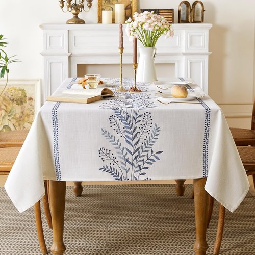 Aiimart Linen Style Embroidered Tablecloth, Waterproof and Wrinkle-Resistant Table Cloth Rectangle Tables, Farmhouse Floral Rectangle Table Cover for Dining Room and Outdoor Parties(Blue, 55"x71")
