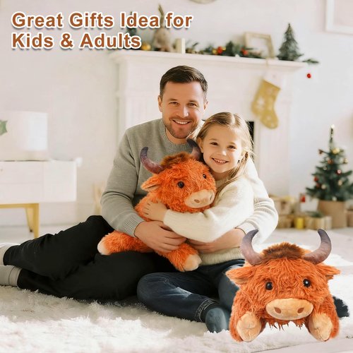 Ecolley Weighted Highland Cow Stuffed Animals for Kids Cuddle Animals Plush Toy for Teens Adults Large Brown Kawaii Plushies Pillow with Soft Fur (20" 3.5 Pound)