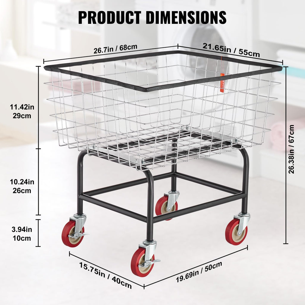 VEVOR Wire Laundry Cart, 2.8Bushel Wire Laundry Basket with Wheels, 26.7''x21.7''x26.4'' Commercial Basket Cart, Steel Frame with Chrome Finish, 4" Casters