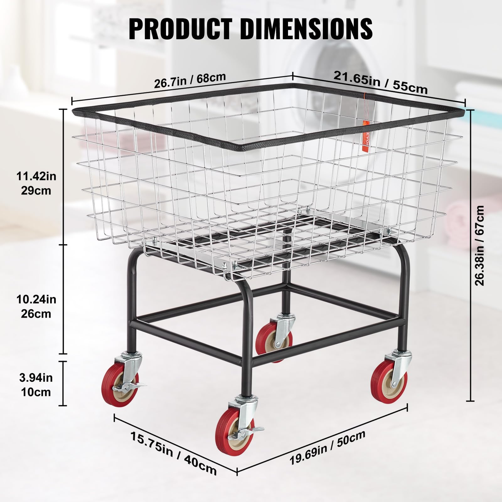 VEVOR Wire Laundry Cart, 2.8Bushel Wire Laundry Basket with Wheels, 26.7''x21.7''x26.4'' Commercial Basket Cart, Steel Frame with Chrome Finish, 4" Casters