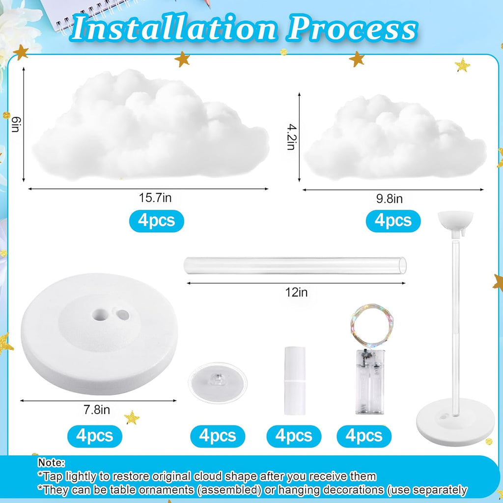 Skiennix LED Cloud Lights - 4 Set Fluffy Cotton Clouds Decor for Baby Showers & Parties | DIY Wall/Table Centerpiece