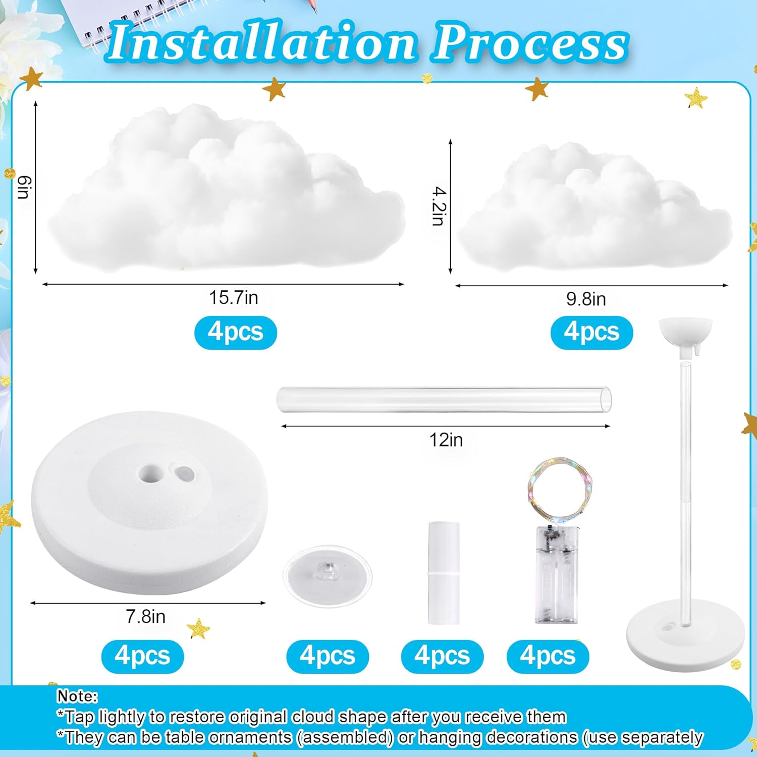 Skiennix LED Cloud Lights - 4 Set Fluffy Cotton Clouds Decor for Baby Showers & Parties | DIY Wall/Table Centerpiece