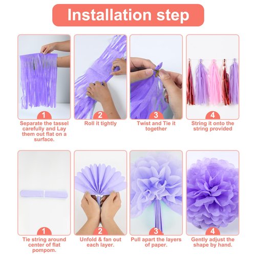 Purple Happy Birthday Party Decorations for Women Girls with Happy Birthday Banner,Paper Tassel,Tissue Paper Pompoms, Hanging Swirl,Circle Garland,Balloons for Party Decor