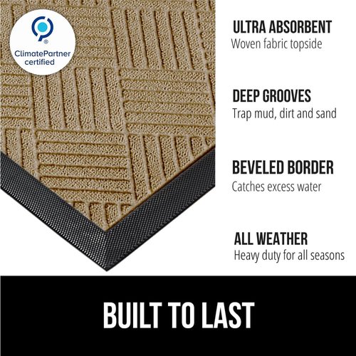 GORILLA GRIP Waterproof All-Season WeatherMAX Doormat - Natural Rubber, Stain & Fade Resistant, 29x17, Beige Diamond