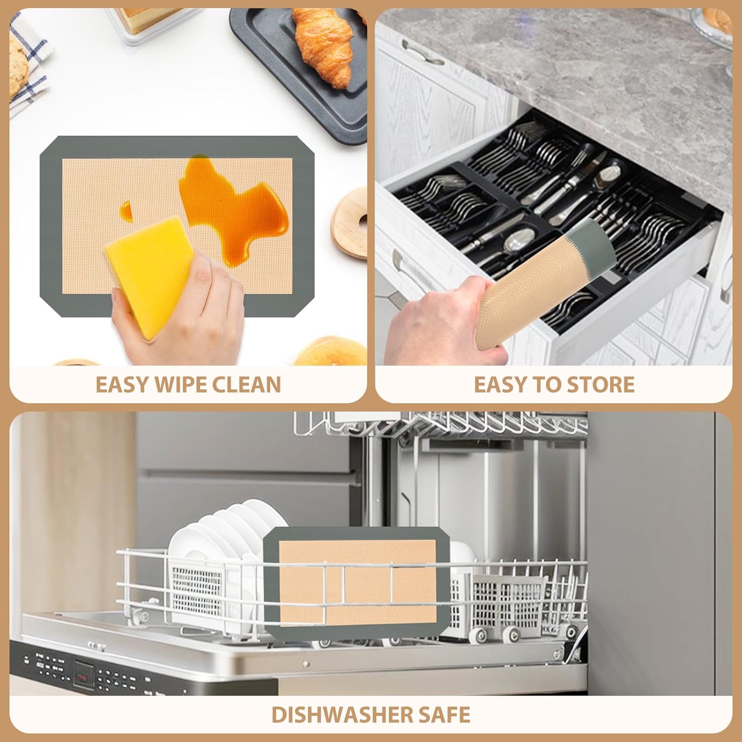 Skiennix Silicone Baking Mats - Non-Stick Baking Sheets for Cookies & Pastries | Set of 3, Grey