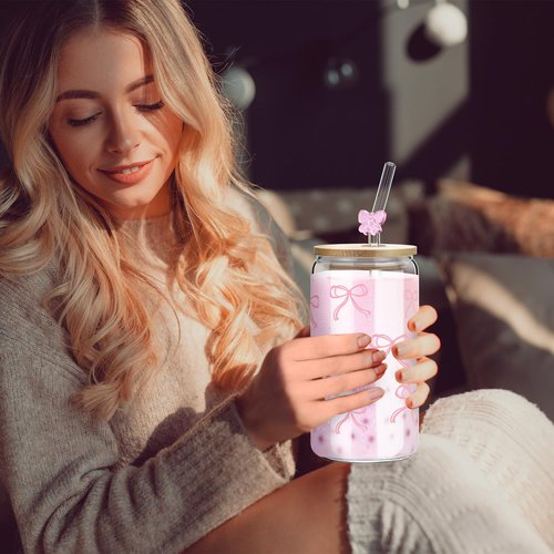 Yetene 4 Set 16 oz Coquette Bows Glass Cups with Lids and Bows Straws Cleaning Brushes Aesthetic Iced Coffee Cup Reusable Mug for Women Sister Birthday Gift Not Dishwasher Safe(Pink,Bow)