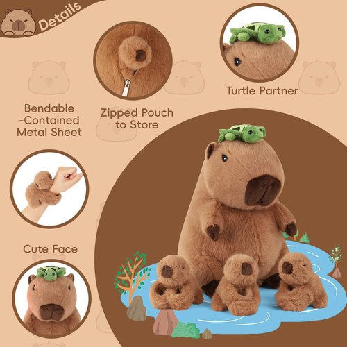 5 in 1 Capybara Plush Large Capybara Stuffed Animal with Babies, 12.8" Mommy Stuffed Capybara Plush Toy with 3 Baby Capibaras Peluches Capybara Plushies Pillow for Kids Birthday Valentines Plush Gifts