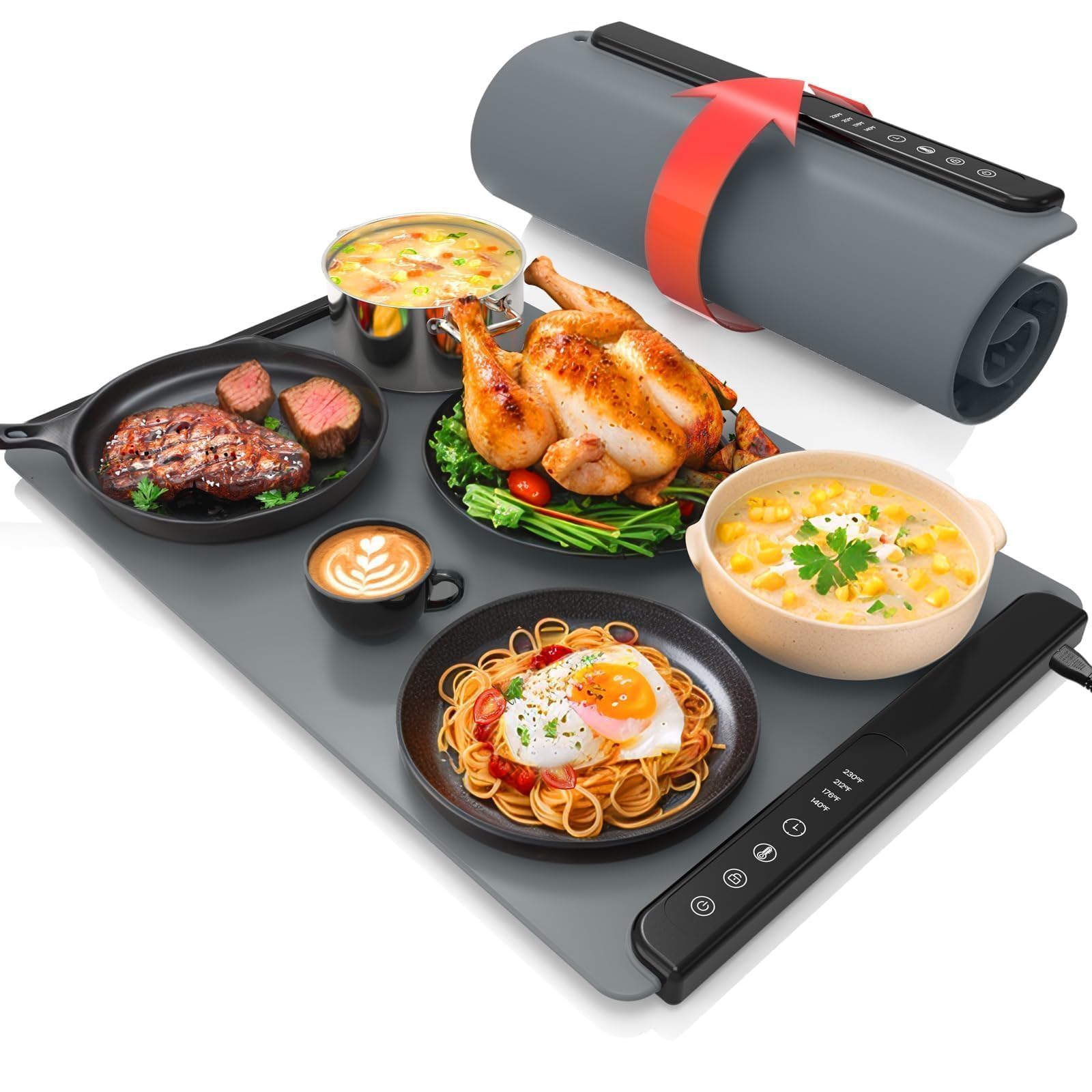 MealHelper Warming Mat for Food, Portable Food Warming Mat For Countertop, Full Surface Electric Warming Tray with Safety Lock, 4 Temp Levels & 6-Hour Timer for for Parties, Buffets & Home Use (Grey)