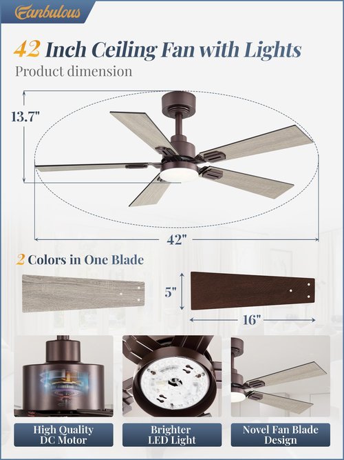 Fanbulous 42 Ceiling Fans with Lights and Remote, Modern Low Profile Ceiling Fans with Dimmable 3CCT Quiet DC Motor, Reversible Celing Fan with 6-Speeds Timer for Bedroom, Oil Bronze
