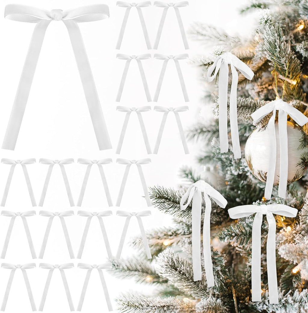 Skiennix 24 Pcs Velvet Bows - Vintage Ribbon for Christmas Tree & Crafts | 5 x 7 Inch, White