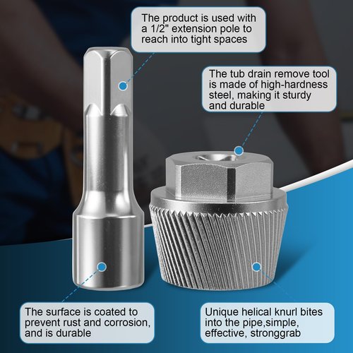 Tub Drain Tool Tub Drain Extractor Broken Pipe Removal Tool Stubborn Rusted Drain Remover with Extension Rod Chrome Anti-Rust Finish Bathtub Repair Tools