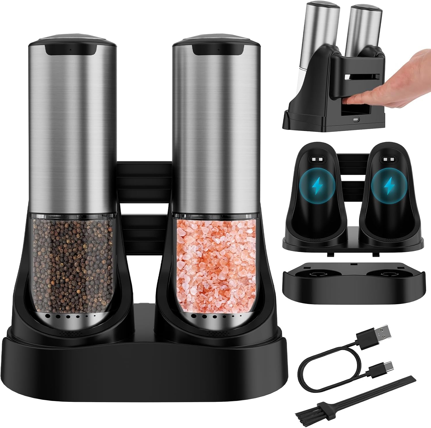 Skiennix Electric Salt and Pepper Grinder Set - Automatic Rechargeable Shakers with Adjustable Coarseness & LED Light