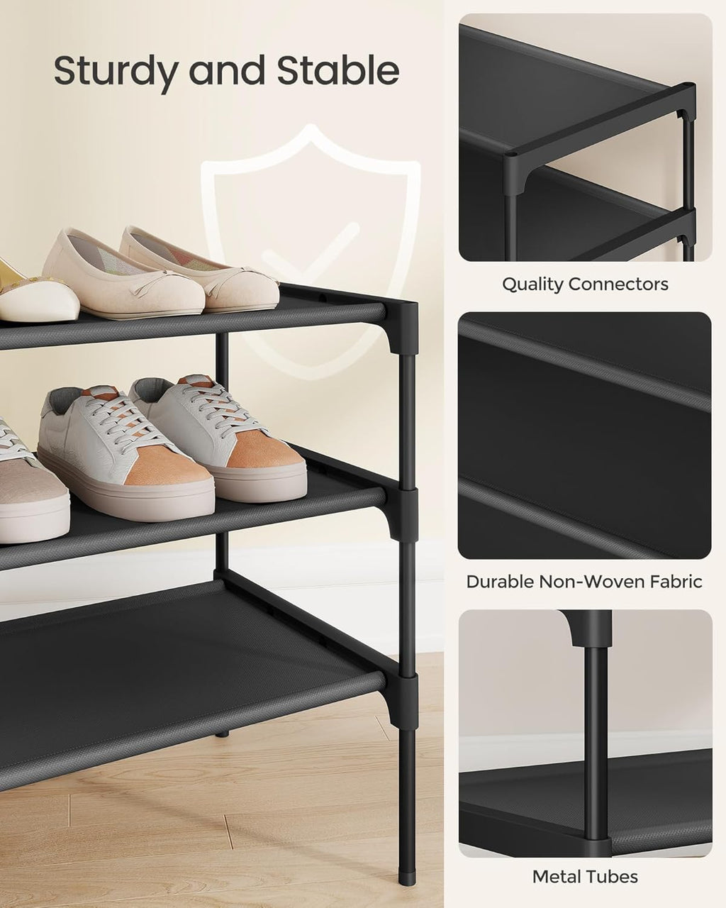 SONGMICS Shoe Rack - 3-Tier Space-Saving Organizer with Metal Frame & Non-Woven Shelves | Ink Black, 11.7 x 36.1 x 21 Inches