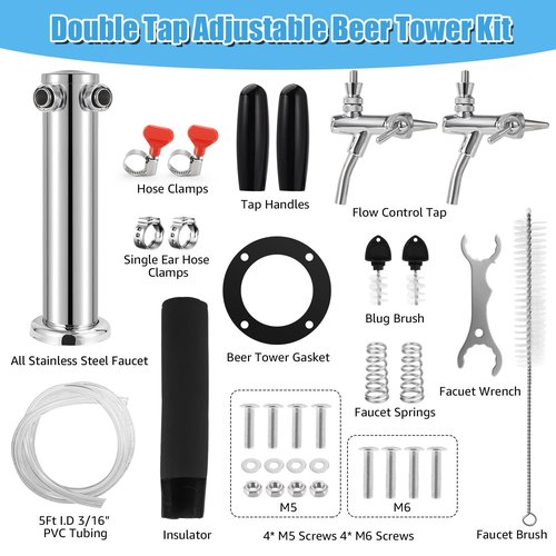 Imaictuu New Adjustable Flow Control Kegerator Tower, Upgraded Dual Tap Beer Tower Kegerator Parts 304 Stainless Steel Core Beer Faucet Includes Pre-Assembled Hose and Self-Closing Faucet