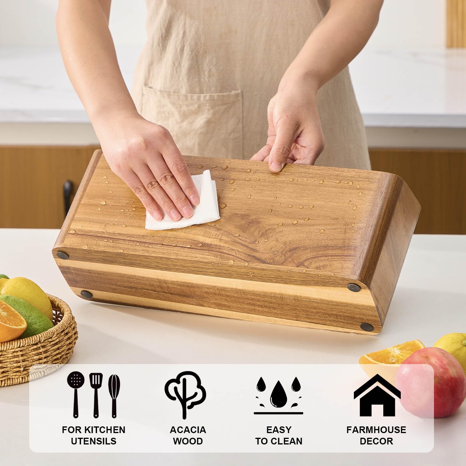 Wooden Utensil Holder for Kitchen Counter, Acacia Wood Kitchen Utensil Holder for Countertop with 4 Compartment, Cooking Utensil Organizer, Silverware Caddy (Acacia Wood, 4Compartment)