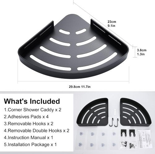 DUFU Adhesive Corner Shower Caddy - No-Drill Rust-Proof Aluminum Organizer | 2-Pack Black