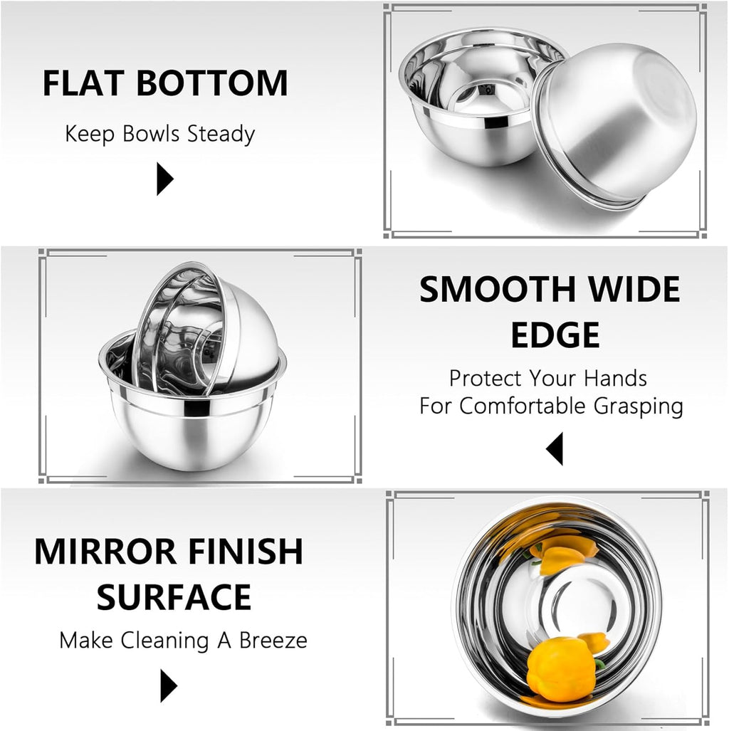 P&P CHEF Mixing Bowls Set - 3 Stainless Steel Bowls with Lids | Airtight & Stackable, 4.6/3/1.5 QT