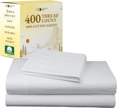California Design Den Twin Sheet Set - 100% Cotton, 400 Thread Count, Silky Smooth Sateen, Striped White