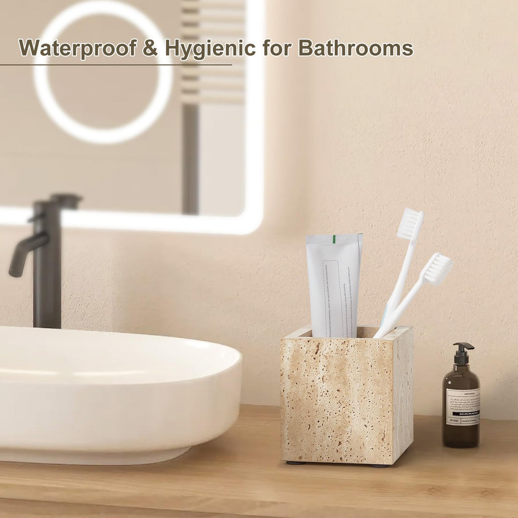 Real Natural Travertine Marble Toothbrush Holder & Pen Holder & Makeup Brush Holder & Utensil Holder, Genuine Stone Rectangular Bathroom Tumbler Cup, Durable Office & Home Countertop Organizer