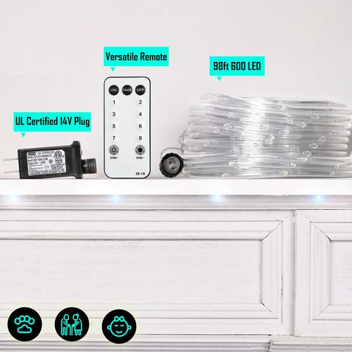 Krislait Rope Lights Outdoor, 98ft 600 LED Outdoor Plug in Rope Light, Waterproof String Lights for Garden, Tree, RV, Patio, Holiday Decor, Party, Christmas (Cool White)
