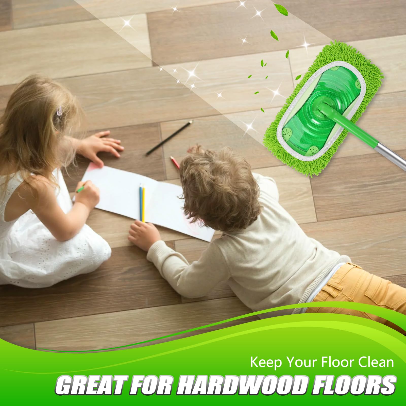 Set of 4 Reusable Microfiber Mop Pads Compatible with Swiffer Sweeper, Dry Sweeping Cloths, Washable Wet Mopping Cloth Refills for Floor Cleaning (Mop is Not Included) (4 Pack, Green)