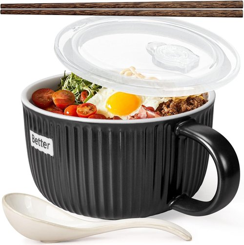 Artena 38 oz Soup Bowls - Large Microwave Safe Ceramic Ramen Bowls with Handles & Lids | Black, Set of 1