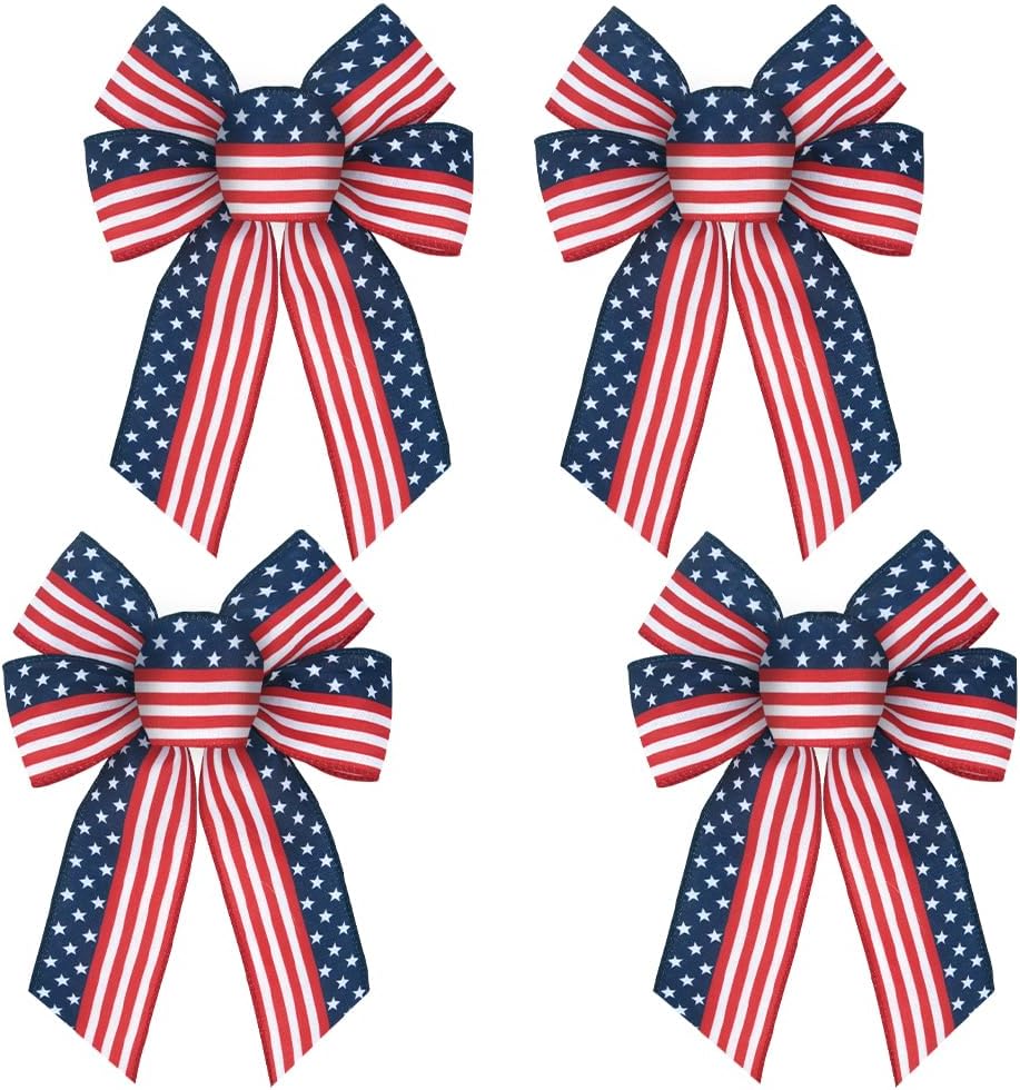 Patriotic Star Wreath Bows by [Brand Name] - 4Pcs Red, White & Blue Stripe Burlap Bows for 4th of July & More