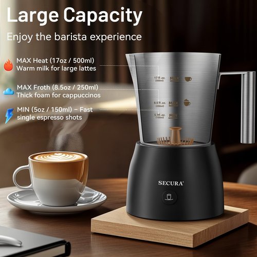 Secura 17oz Electric Milk Frother and Steamer, Stainless Steel Detachable Milk Jug, 4-in-1 Hot & Cold Foam Maker for Latte, Cappuccino & Hot Chocolate, BPA & Teflon-Free, Dishwasher Safe