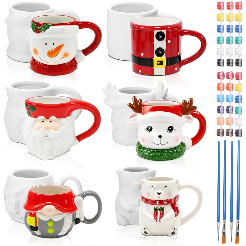 Set of 6 Christmas Ceramic Mugs Paint Your Own - Vesici Craft Kit (Variation: 6+Christmas)