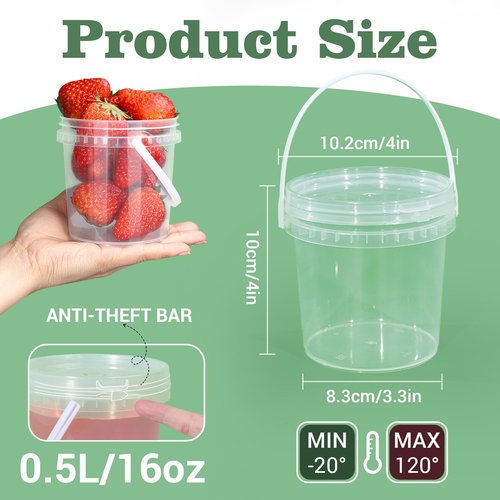 Airtight Clear Plastic Bucket with Lid, Ice Buckets for Parties, Reusable Ice Cream Tub with Handle, Food Storage Container, Food Grade Freezer and Microwave Safe for Sauce, Soup (16 OZ/500 ML)
