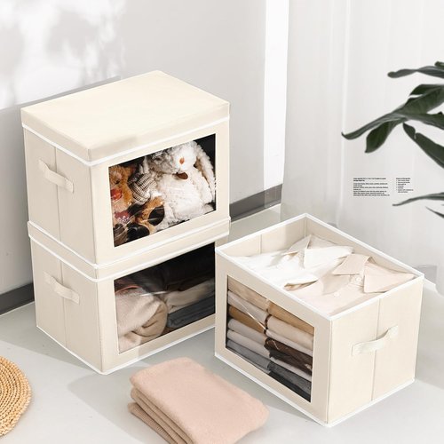 Homsorout Storage Bins - 4 Pack Large Fabric Organizers with Lids & Handles | Beige for Clothes & Towels